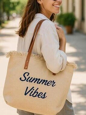 "Summer Vibes" Large Canvas Tote Bag - Beach/Travel Purse